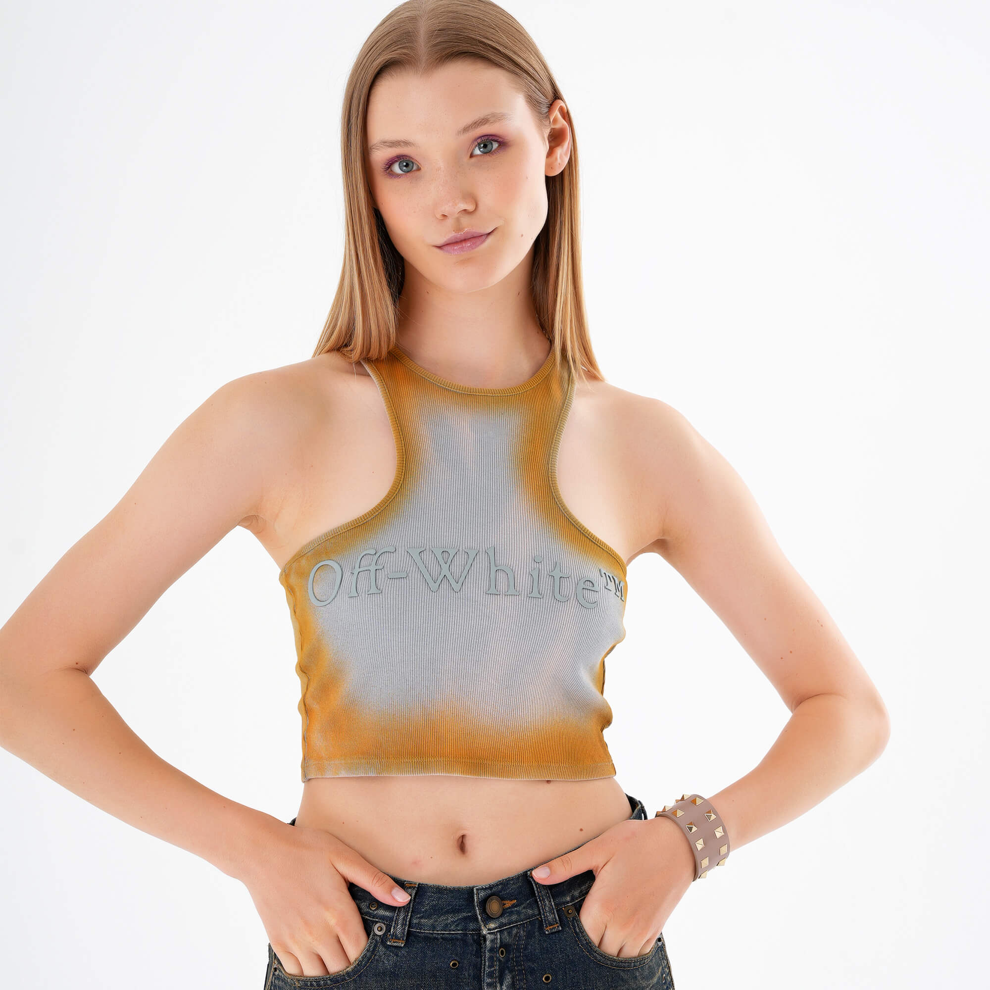 Off White - Cropped Top Blue & Tan Laundry Tank Top IT44